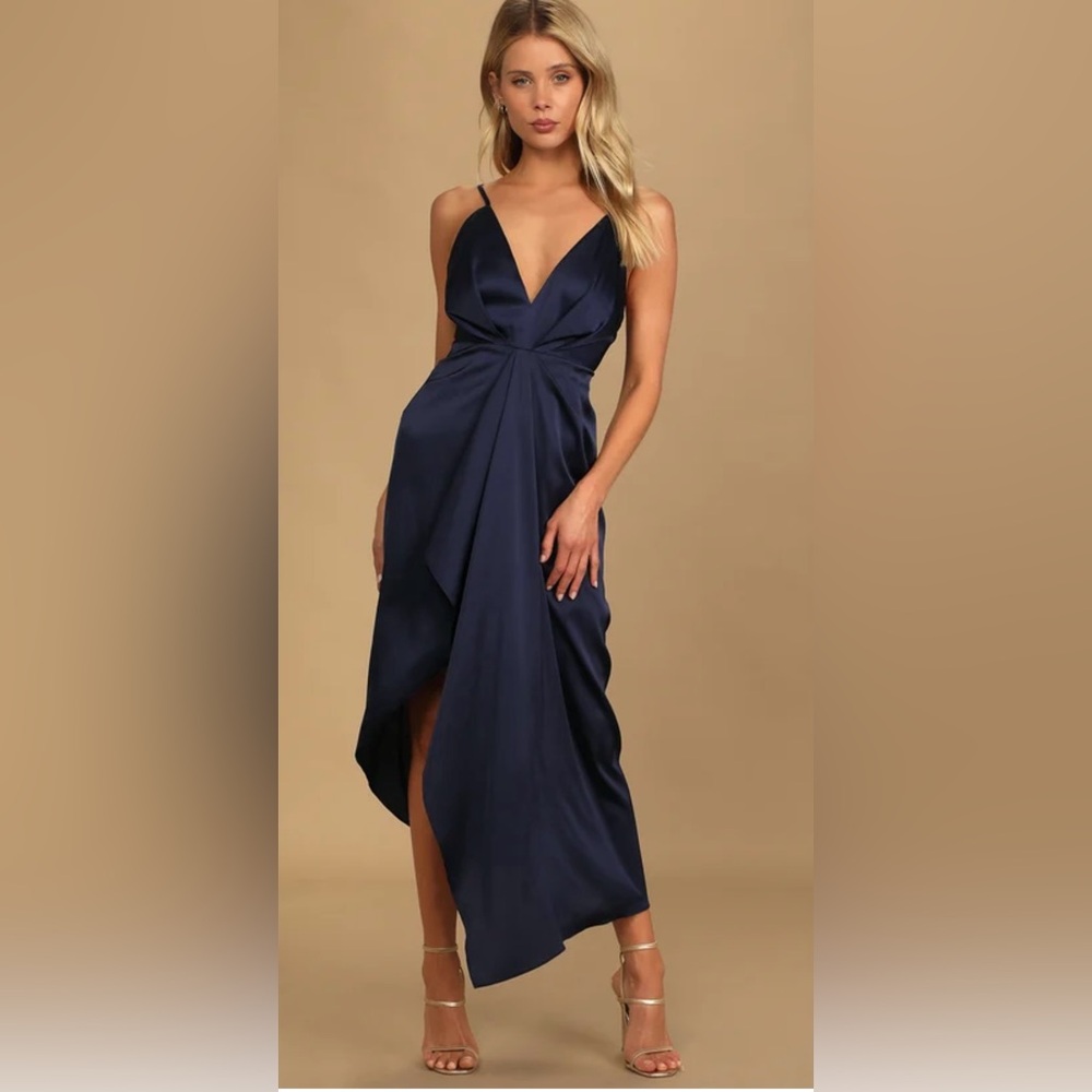 Lulus Caught Feelings Navy Blue Satin Ruffled Midi Dress
XL